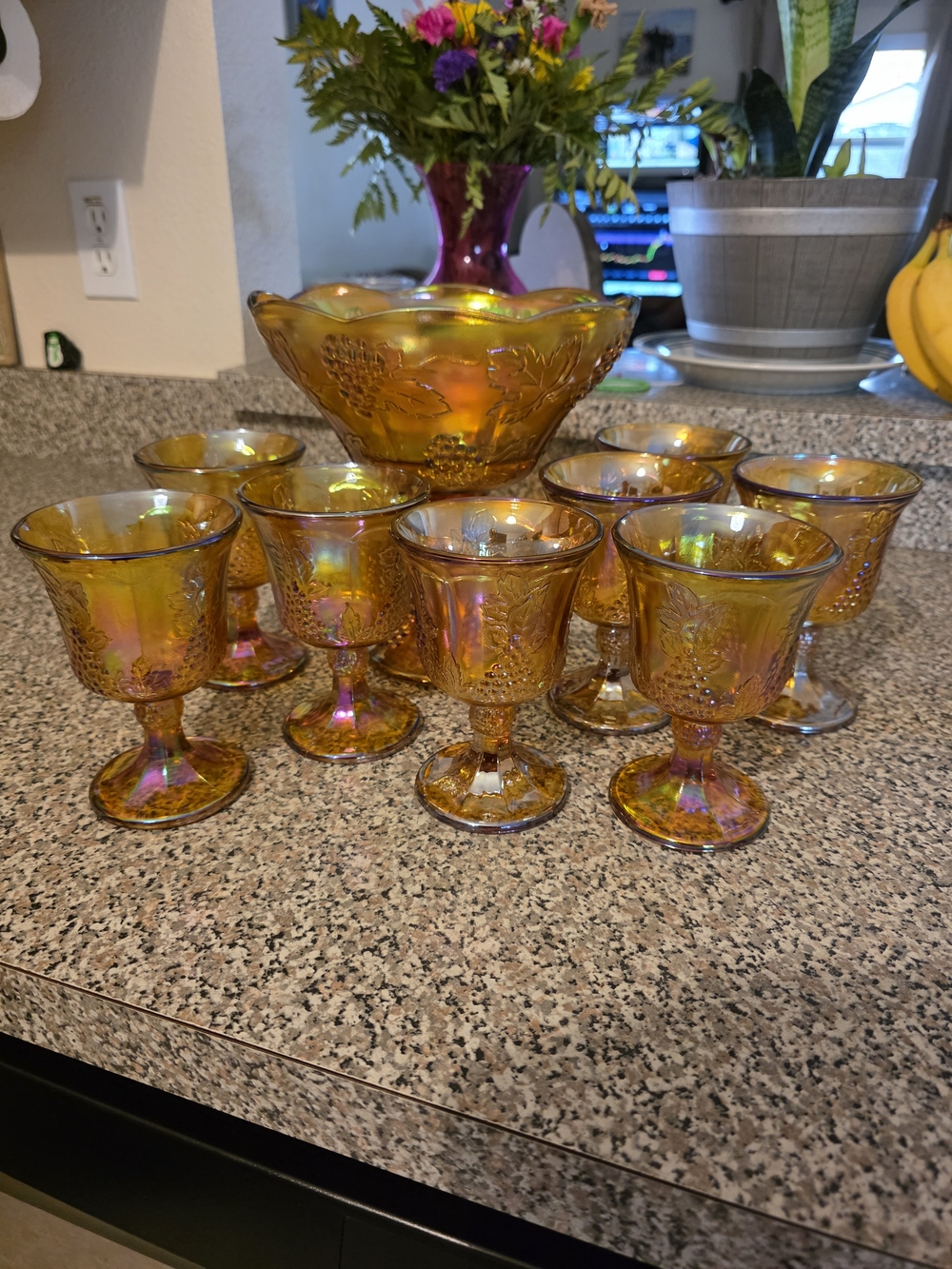 VTG Amber Indiana Glass Carnival Glass Grapes Compote Bowl + 6 Goblets Set